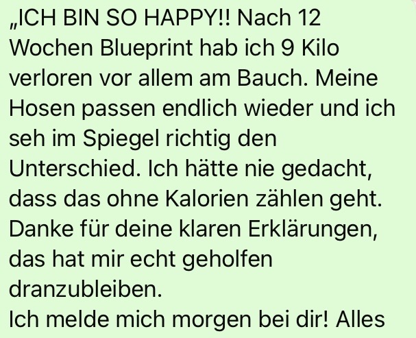 WhatsApp Nachricht von Iris über ihre Erfolge mit dem 45+ Slim Blueprint