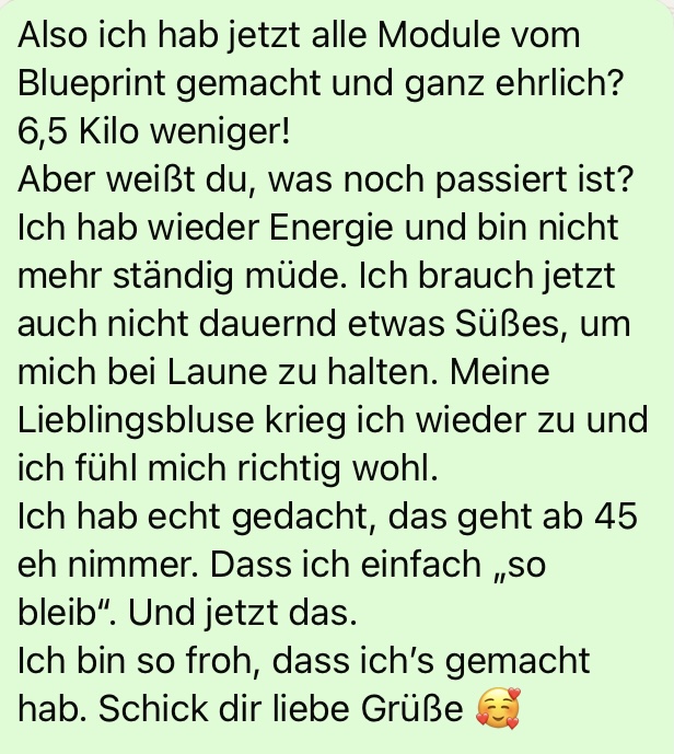 WhatsApp Nachricht von Heike über ihre Erfolge mit dem 45+ Slim Blueprint